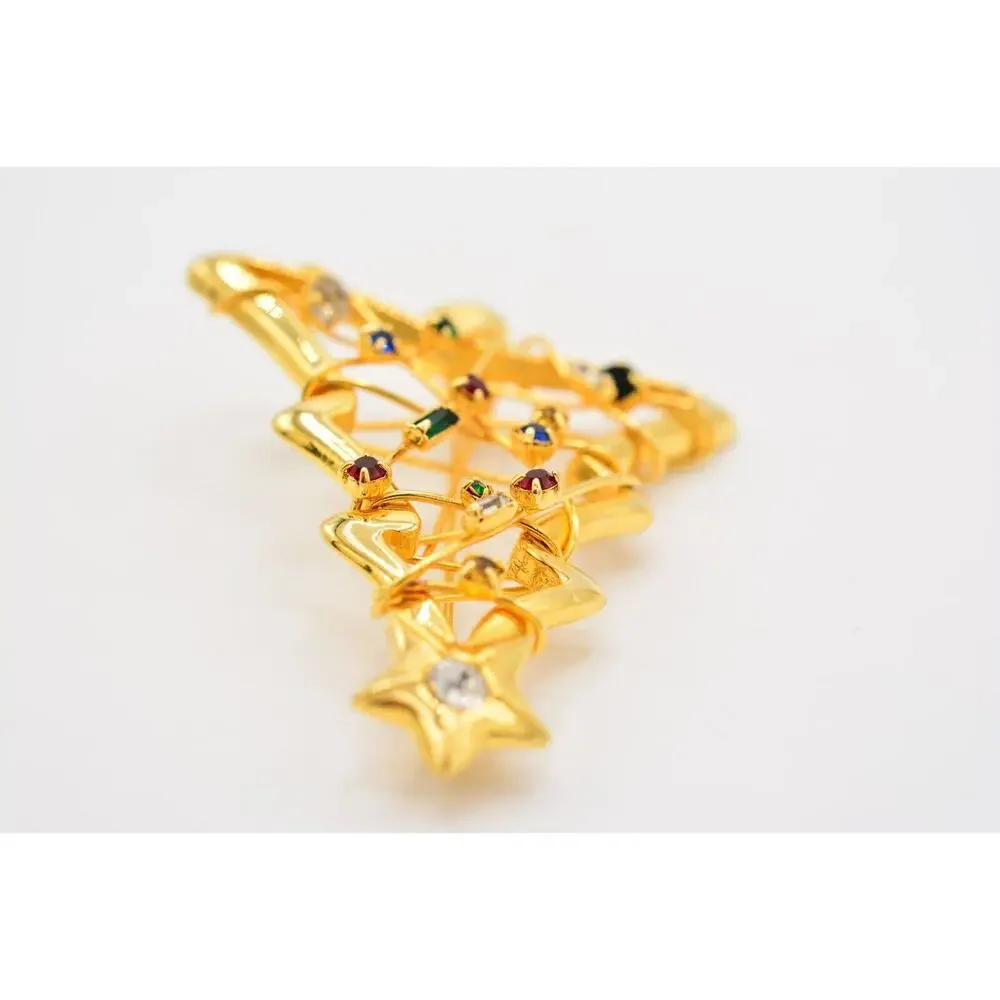 Vintage Christmas Tree Pin Brooch Rhinestone Crystal Wired Gold Holiday BinAP
